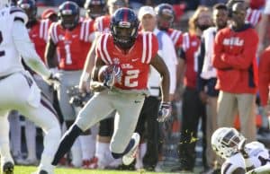 Nov 26, 2016; Oxford, MS, USA; Mississippi Rebels wide receiver Van Jefferson (12) carries the ball during the first quarter of the game against the Mississippi State Bulldogs at Vaught-Hemingway Stadium. Mandatory Credit: Matt Bush-USA TODAY Sports