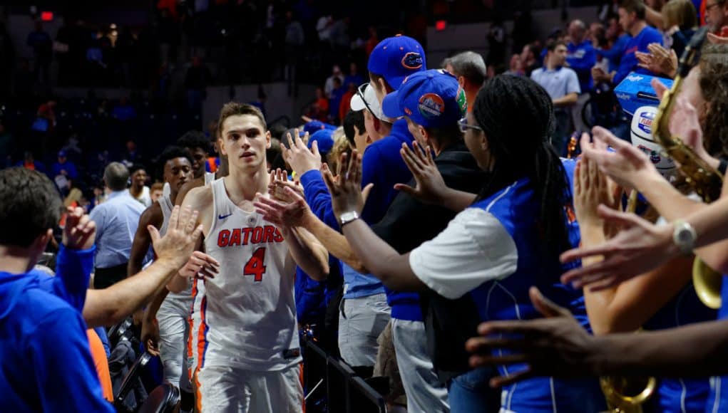 University of Florida Gators guard Egor Koulechov celebrates the Florida Gators 81-74 win over Vanderbilt- Florida Gators basketball- 1280x852