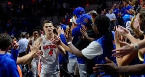 University of Florida Gators guard Egor Koulechov celebrates the Florida Gators 81-74 win over Vanderbilt- Florida Gators basketball- 1280x852