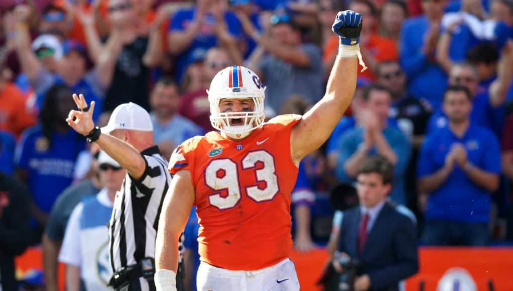 University of Florida defensive lineman Taven Bryan celebrates a sack against the Florida State Seminoles- Florida Gators football- 1280x853