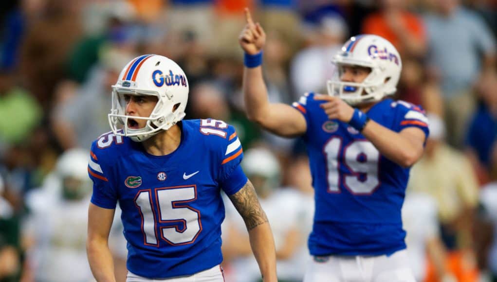 University of Florida kicker Eddy Pineiro and punter Johnny Townsend celebrate a field goal against the Michigan Wolverines- Florida Gators football- 1280x853