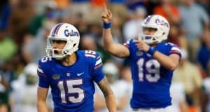 University of Florida kicker Eddy Pineiro and punter Johnny Townsend celebrate a field goal against the Michigan Wolverines- Florida Gators football- 1280x853