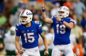 University of Florida kicker Eddy Pineiro and punter Johnny Townsend celebrate a field goal against the Michigan Wolverines- Florida Gators football- 1280x853