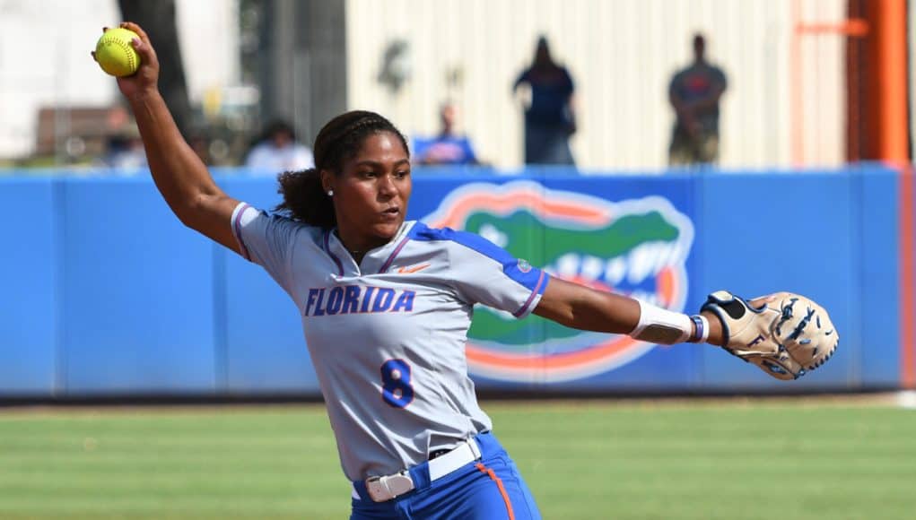 Florida Gators pitcher Aleshia Ocasio pitches against Maryland in 2018- 1280x851