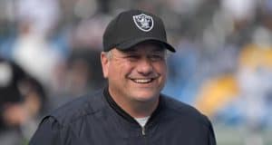 Dec 31, 2017; Carson, CA, USA; Oakland Raiders linebackers coach Sal Sunseri reacts during an NFL football game against the Los Angeles Chargers at StubHub Center. Mandatory Credit: Kirby Lee-USA TODAY Sports