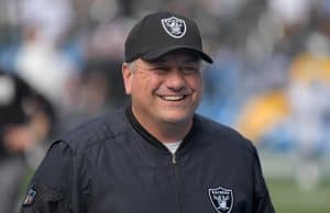 Dec 31, 2017; Carson, CA, USA; Oakland Raiders linebackers coach Sal Sunseri reacts during an NFL football game against the Los Angeles Chargers at StubHub Center. Mandatory Credit: Kirby Lee-USA TODAY Sports