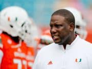 Nov 21, 2015; Miami Gardens, FL, USA; Miami Hurricanes interim head coach Larry Scott talks with his players before a game against the Georgia Tech Yellow Jackets at Sun Life Stadium. Mandatory Credit: Steve Mitchell-USA TODAY Sports
