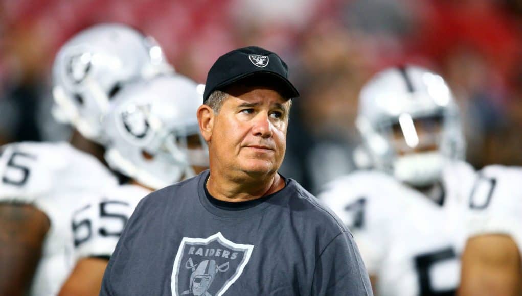 Aug 12, 2016; Glendale, AZ, USA; Oakland Raiders linebackers coach Sal Sunseri against the Arizona Cardinals during a preseason game at University of Phoenix Stadium. Mandatory Credit: Mark J. Rebilas-USA TODAY Sports