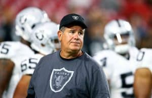 Aug 12, 2016; Glendale, AZ, USA; Oakland Raiders linebackers coach Sal Sunseri against the Arizona Cardinals during a preseason game at University of Phoenix Stadium. Mandatory Credit: Mark J. Rebilas-USA TODAY Sports