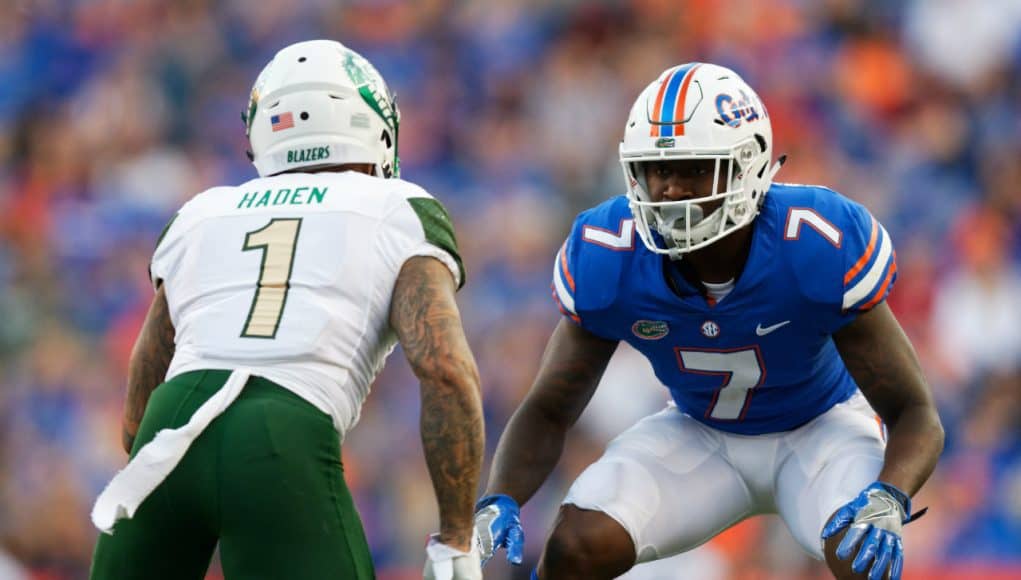 University of Florida Gators defensive back Duke Dawson lines up in coverage against the UAB Blazers- Florida Gators football- 1280x853