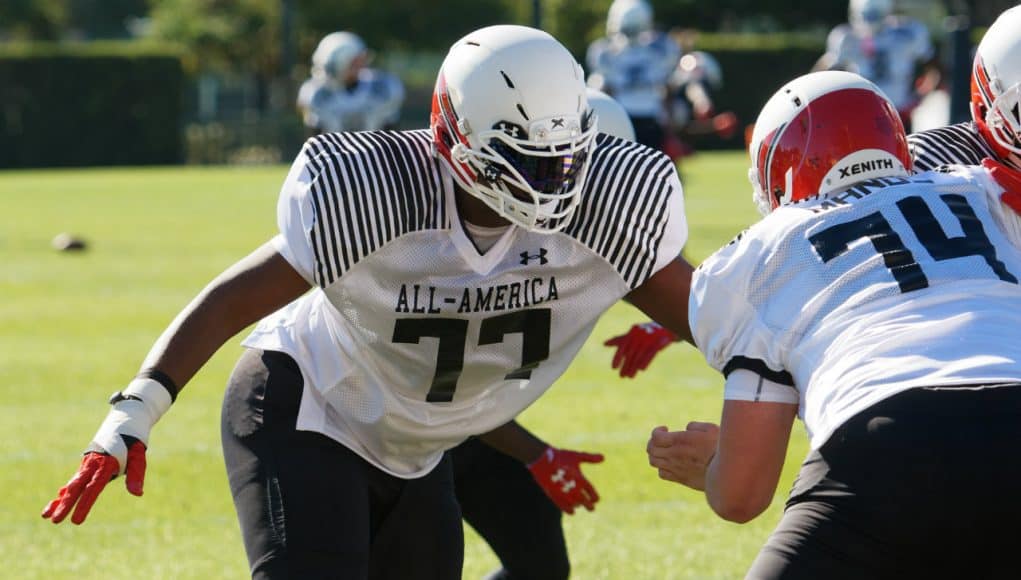 University of Florida Gators recruit offensive tackle Richard Gouraige during the first day of practice for the 2017 Under Armour All-America- Florida Gators recruiting- 1280x854