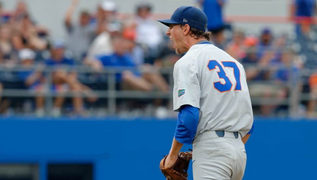 University of Florida pitcher Jackson Kowar reacts after ending the fourth inning with a strikeout against Wake Forest in the Gainesville Super Regional- Florida Gators baseball- 1280x852