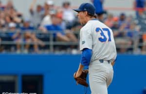 University of Florida pitcher Jackson Kowar reacts after ending the fourth inning with a strikeout against Wake Forest in the Gainesville Super Regional- Florida Gators baseball- 1280x852