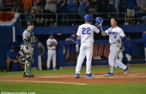 University of Florida third baseman Jonathan India is congratulated by JJ Schwarz after India’s fourth inning home run against Siena- Florida Gators baseball- 1280x853