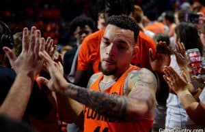 Florida Gators guard Chris Chiozza celebrates after beating Kentucky for senior day-1280x852