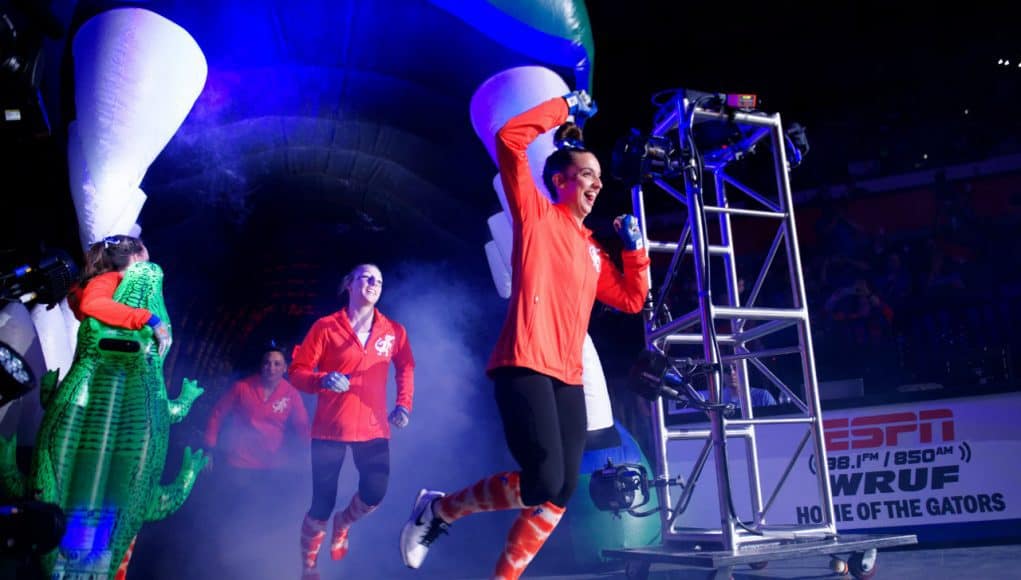 Florida Gators gymnastics team being introduced in 2018- 1280x853