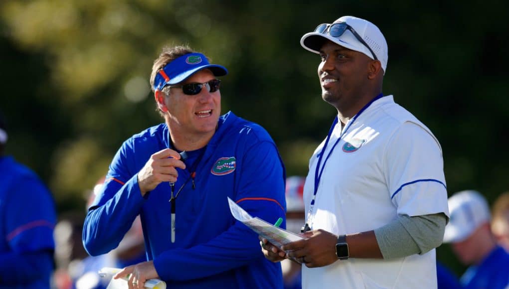 Florida Gators head coach Dan Mullen and quarterbacks coach Brian Johnson- 1280x853