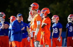 Florida Gators head coach Dan Mullen talks to the quarterbacks- 1280x853