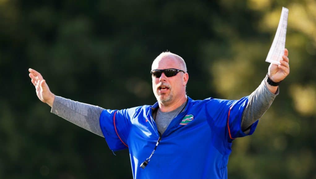 Florida Gators offensive line coach John Hevesy coaching at spring practice 2018- 1280x853