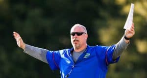 Florida Gators offensive line coach John Hevesy coaching at spring practice 2018- 1280x853