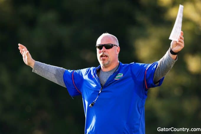 Florida Gators offensive line coach John Hevesy coaching at spring practice 2018- 1280x853