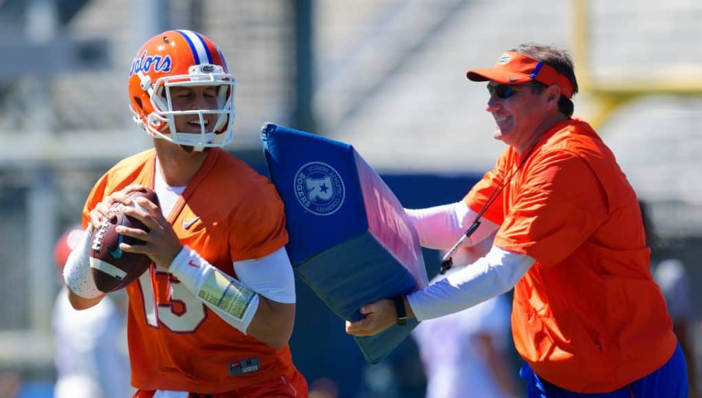 Florida Gators quarterback Feleipe Franks works with head coach Dan Mullen at spring practice- 1280x853