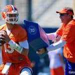 Florida Gators quarterback Feleipe Franks works with head coach Dan Mullen at spring practice- 1280x853