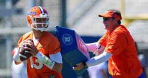 Florida Gators quarterback Feleipe Franks works with head coach Dan Mullen at spring practice- 1280x853