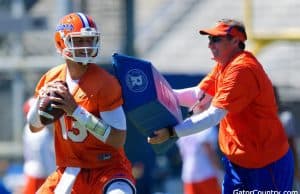 Florida Gators quarterback Feleipe Franks works with head coach Dan Mullen at spring practice- 1280x853