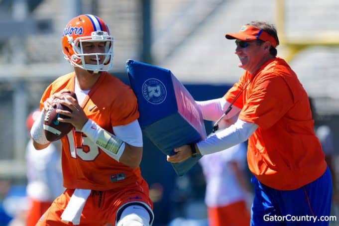 Florida Gators quarterback Feleipe Franks works with head coach Dan Mullen at spring practice- 1280x853