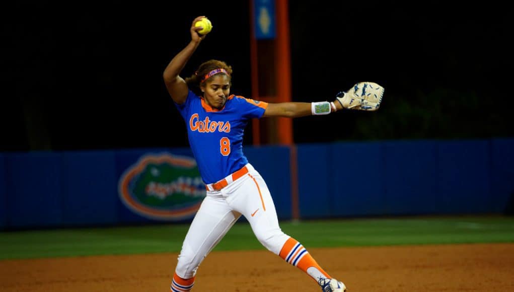 Florida Gators softball pitcher Aleshia Ocasio pitches against Texas A&M- 1280x853