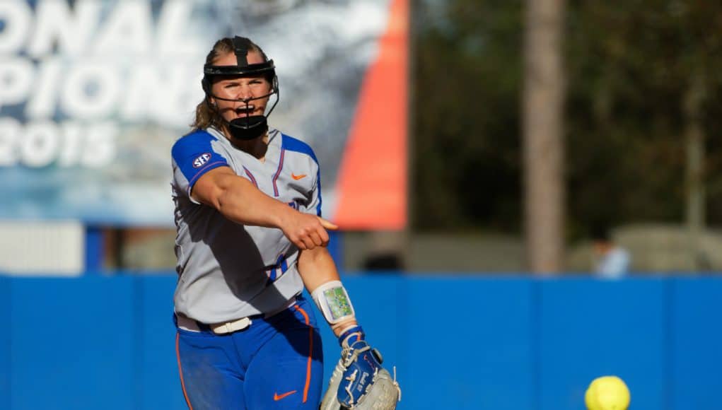 Florida Gators softball pitcher Kelly Barnhill pitches against Maryland in 2018- 1280x853