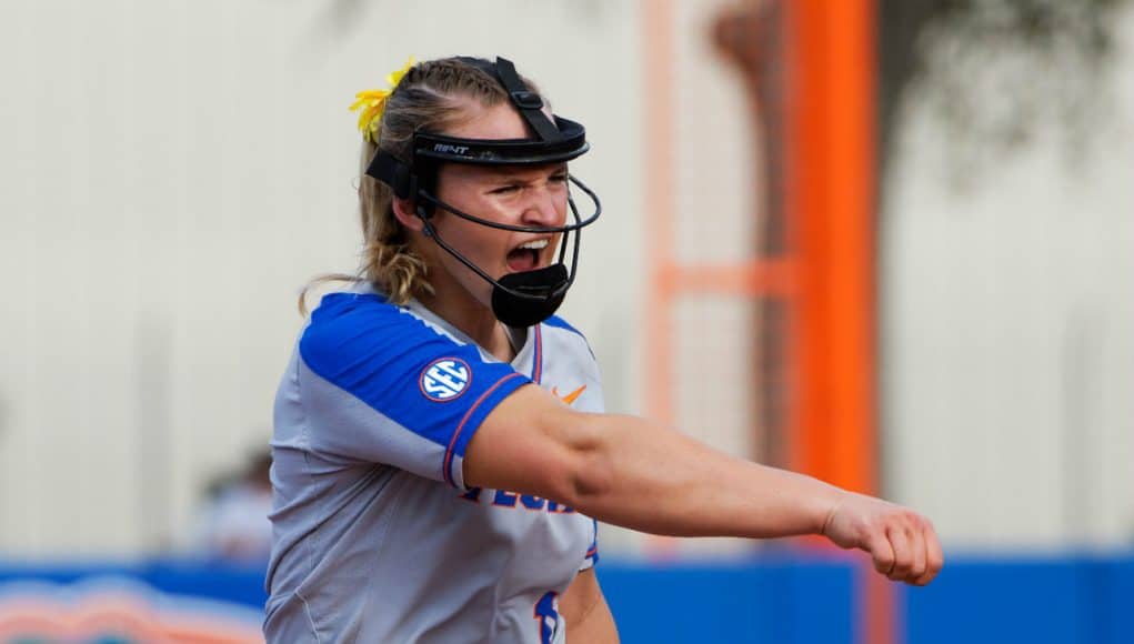 Florida Gators softball pitcher Kelly Barnhill pitches against Maryland in 2018- 1280x853