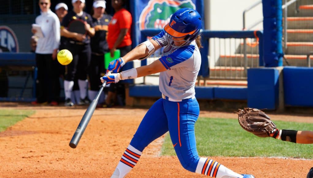 Florida Gators softball player Hannah Adams hits against Maryland in 2018-1280x853