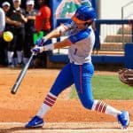 Florida Gators softball player Hannah Adams hits against Maryland in 2018-1280x853