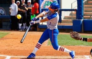 Florida Gators softball player Hannah Adams hits against Maryland in 2018-1280x853