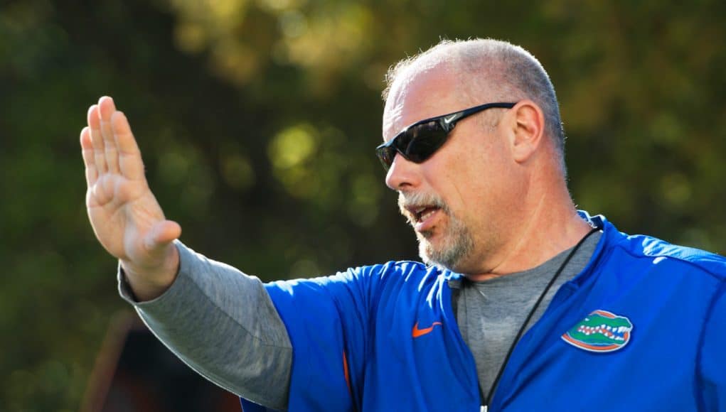 Offensive line coach John Hevesy during Florida Gators spring practice 2018-1280x853