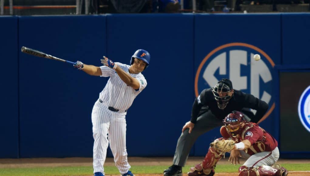 University of Florida first baseman Keenan Bell doubles home two runs to give Florida a 7-4 lead over FSU- Florida Gators baseball- 1280x853