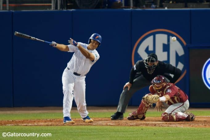 University of Florida first baseman Keenan Bell doubles home two runs to give Florida a 7-4 lead over FSU- Florida Gators baseball- 1280x853