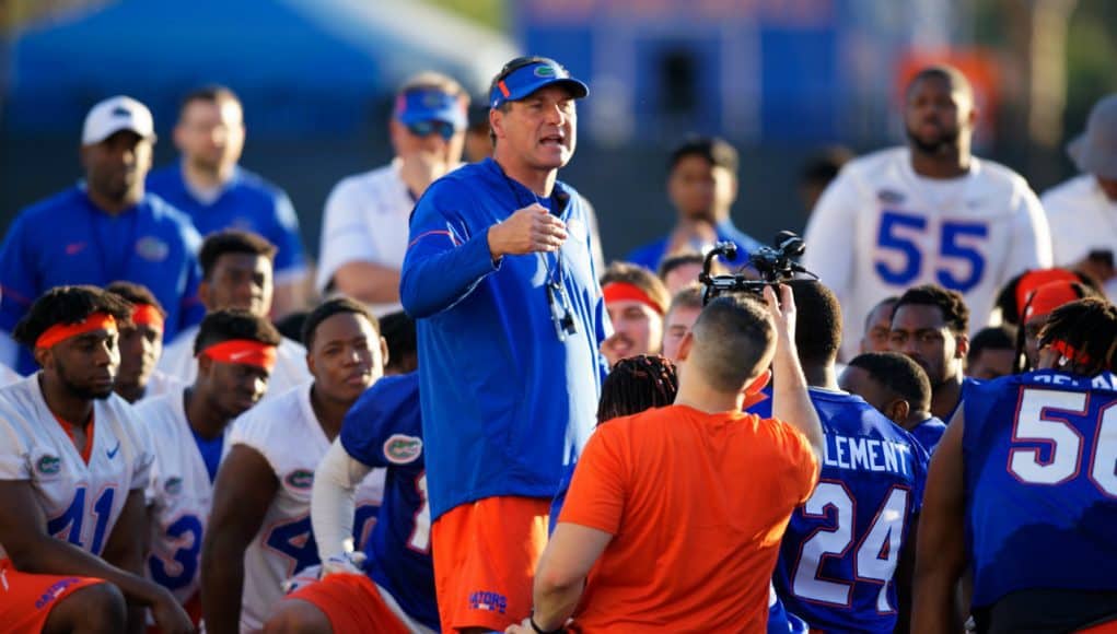 University of Florida head coach Dan Mullen address his football team after the first spring practice of camp- Florida Gators football- 1280x853