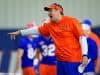 University of Florida head football coach Dan Mullen yells instructions while his football team stretches before football practice begins- Florida Gators baseball- 1280x853