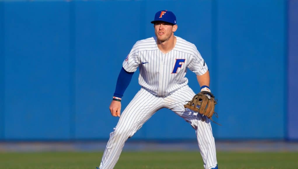 University of Florida infielder Deacon Liput gets set before a pitch in the Florida Gators win over Florida State- Florida Gators baseball- 1280x854
