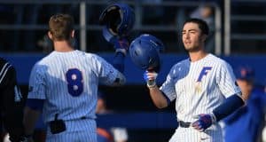 University of Florida infielder Jonathan India celebrates with Deacon Liput after a solo home run in the second inning against FSU- Florida Gators baseball- 1280x853