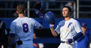 University of Florida infielder Jonathan India celebrates with Deacon Liput after a solo home run in the second inning against FSU- Florida Gators baseball- 1280x853