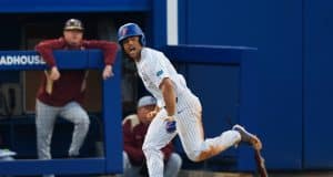 University of Florida outfielder Nelson Maldonado celebrates running to first after a single against Florida State- Florida Gators baseball- 1280x853