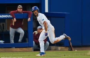 University of Florida outfielder Nelson Maldonado celebrates running to first after a single against Florida State- Florida Gators baseball- 1280x853