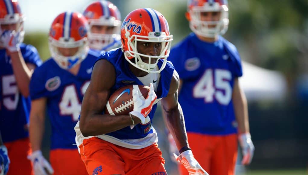 University of Florida receiver Van Jefferson catches a pass during a drill in the Florida Gators first practice of spring camp- Florida Gators football- 1280x853