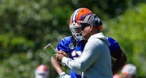 University of Florida running backs coach Greg Knox goes over a play with Jordan Scarlett during the Florida Gators second spring practice- Florida Gators football- 1280x853