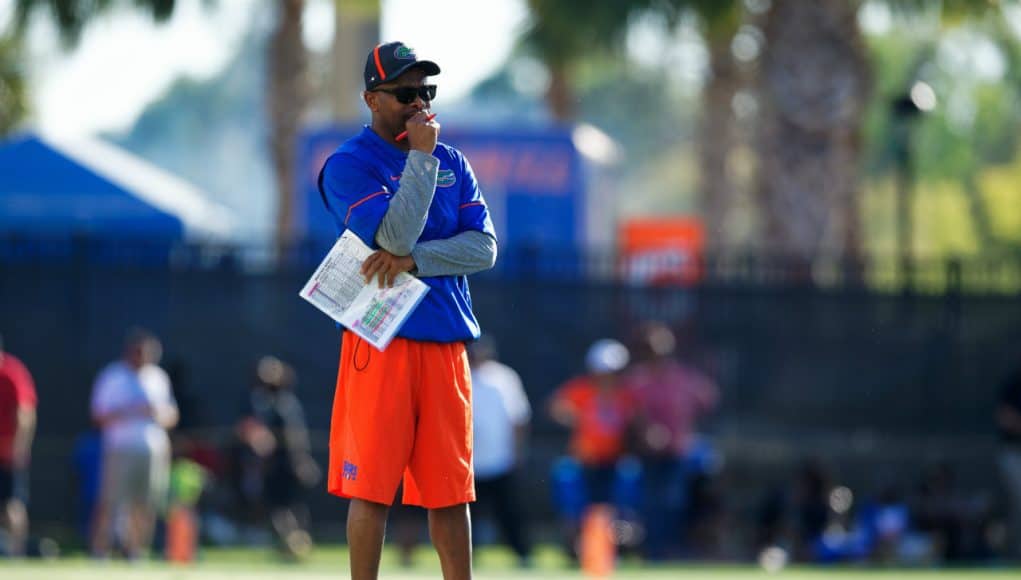 University of Florida special teams coordinator and running backs coach Greg Knox watch the Florida Gators work during a special teams drill- Florida Gators football- 1280x853