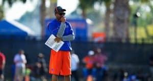 University of Florida special teams coordinator and running backs coach Greg Knox watch the Florida Gators work during a special teams drill- Florida Gators football- 1280x853